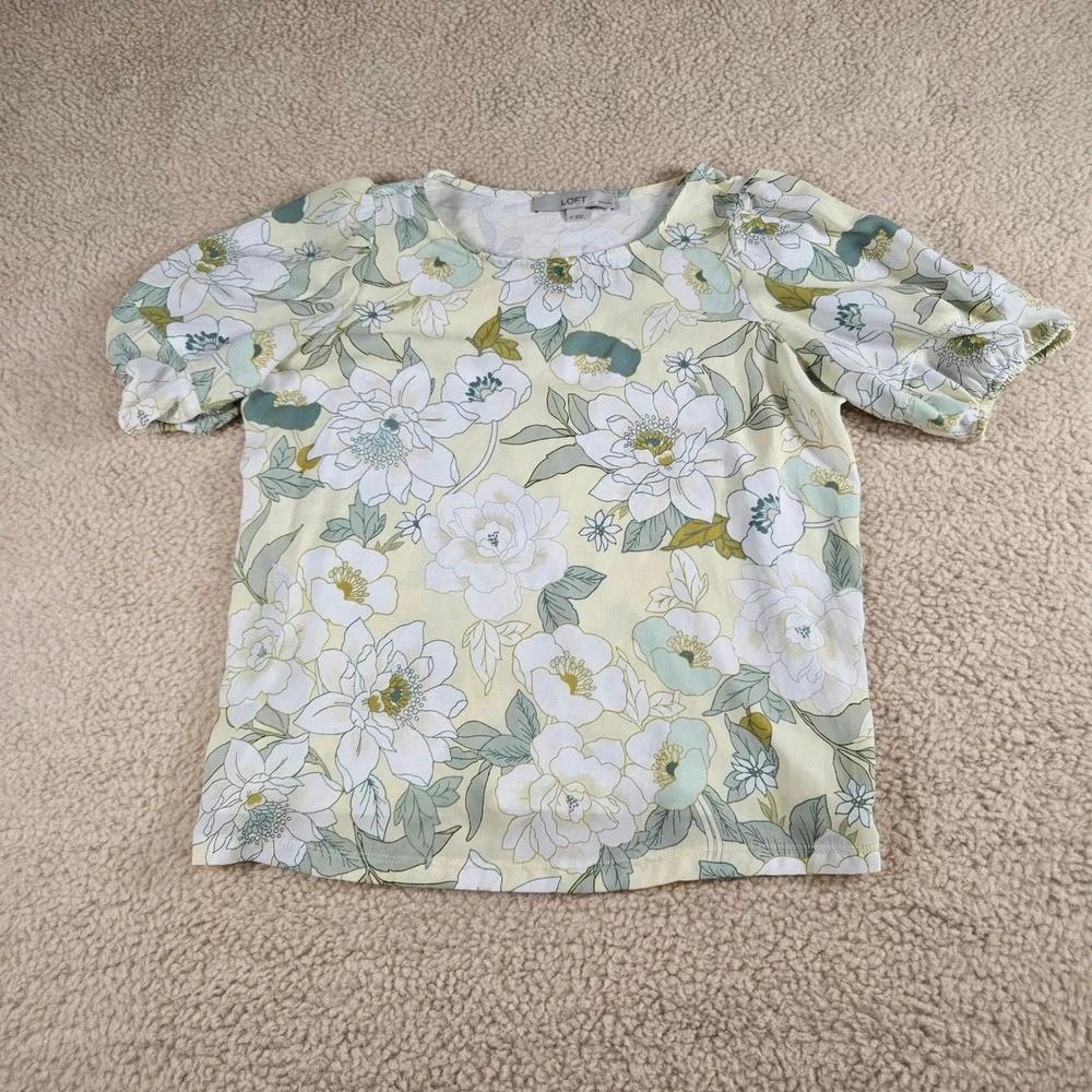 Loft Blouse Women SP Yellow Floral Puff Sleeve Scoop Neck Cottagecore Casual